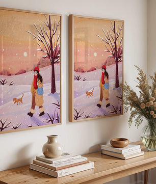 Winter sunset walk with a girl and dog in snowy landscape