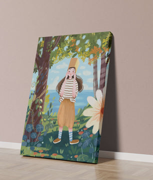 Whimsical Illustration of a Girl in Nature with Golden Hat