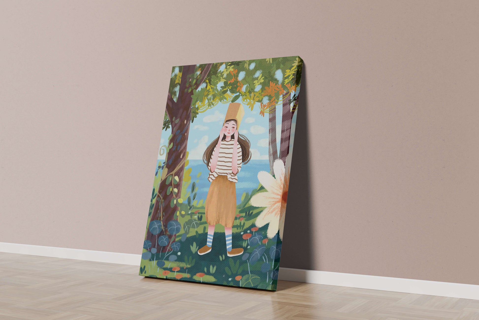 Whimsical Illustration of a Girl in Nature with Golden Hat