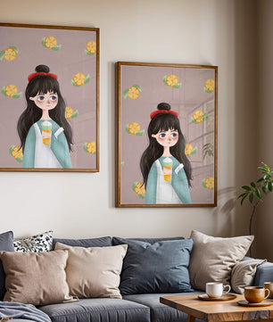 Illustration of a girl with a beverage surrounded by citrus slices