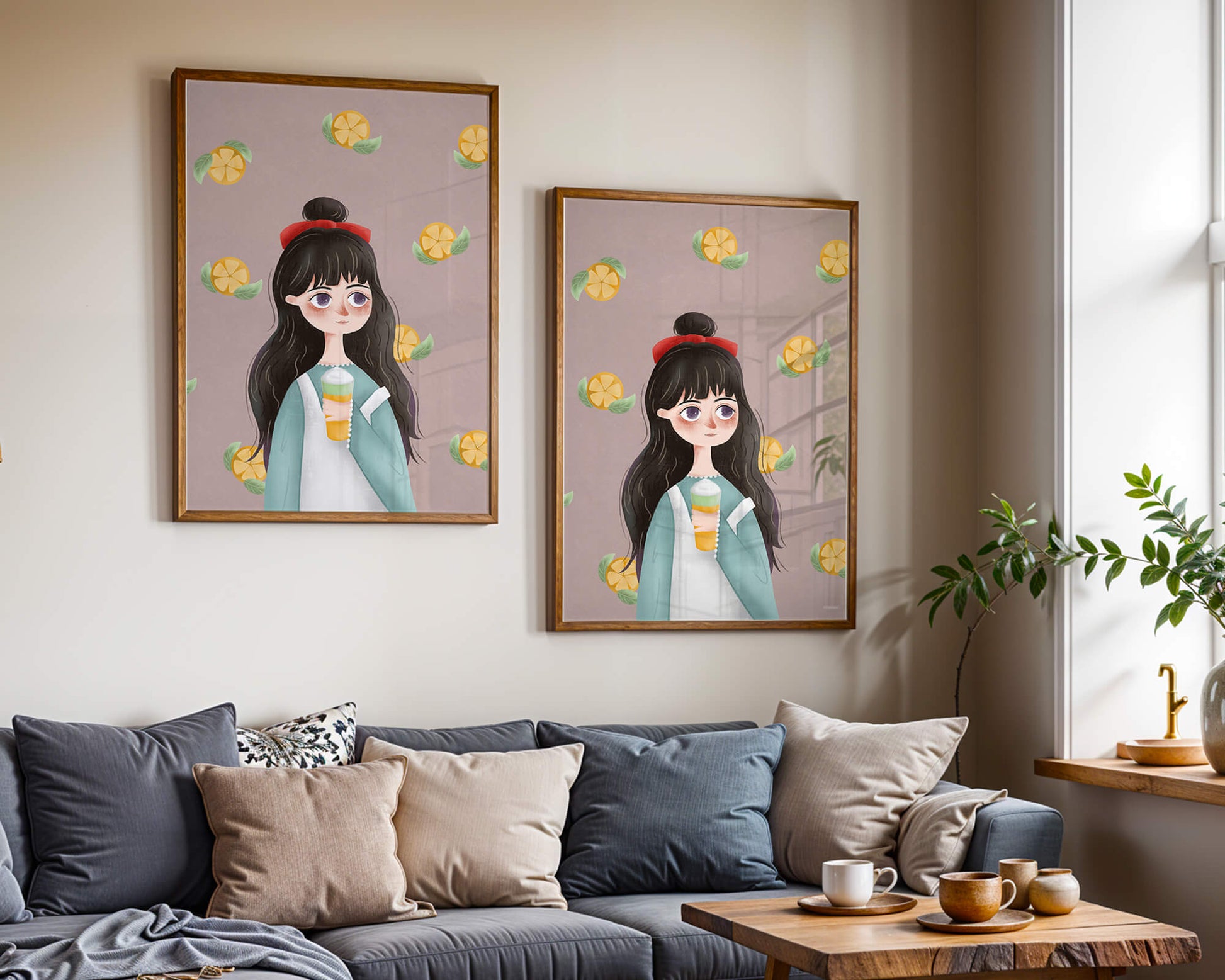 Illustration of a girl with a beverage surrounded by citrus slices