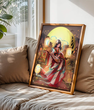 Traditional Asian woman playing musical instrument under moonlight