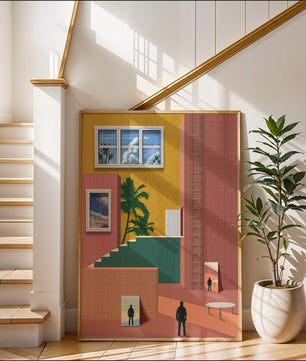 Surreale Architekturlandschaft mit tropischen Elementen und abstrakten Figuren