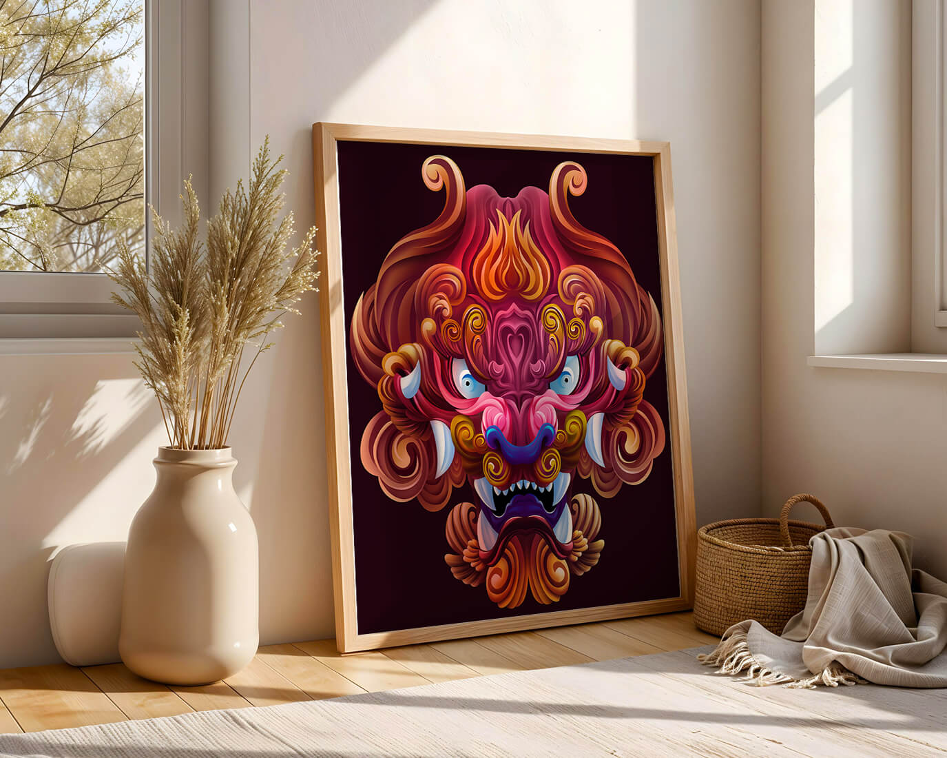Intricate Colorful Dragon Face Illustration with Swirling Patterns