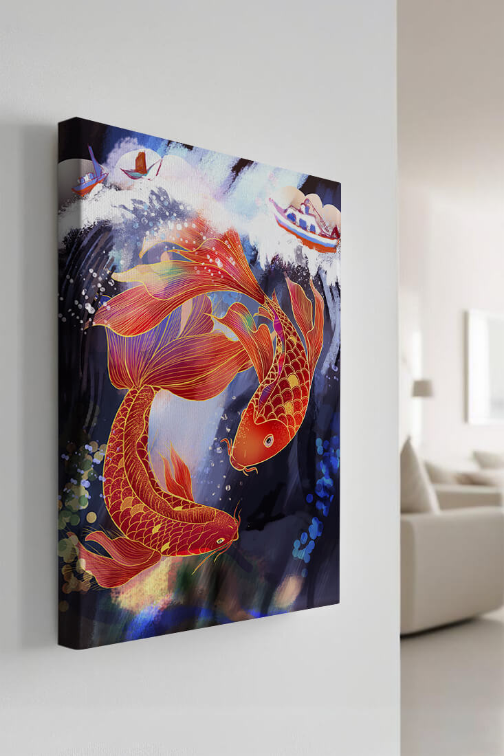 Representación artística de peces koi nadando con barcos en colores vibrantes.