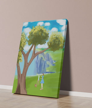 Young woman painting near a tree by a waterfall with a vibrant sky