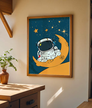 Charming Astronaut Sitting on a Crescent Moon with Stars in Space - Mi tienda