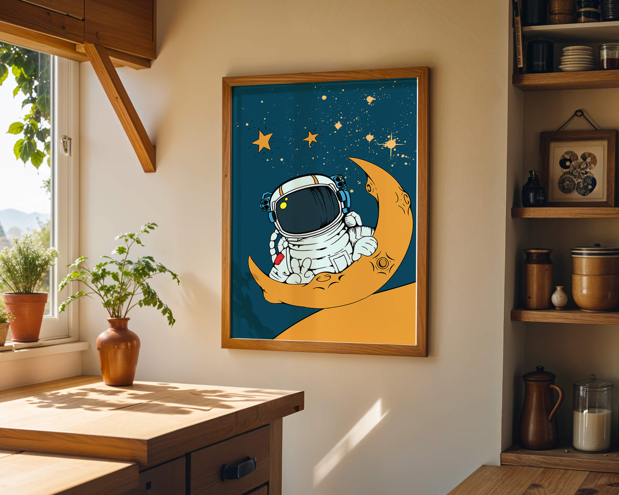 Charming Astronaut Sitting on a Crescent Moon with Stars in Space - Mi tienda