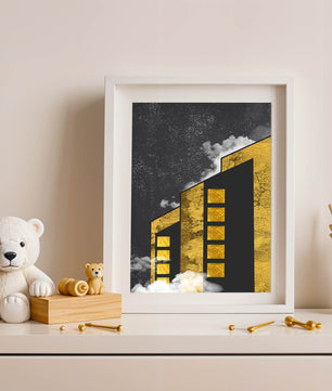 Ilustración arquitectónica artística con elementos dorados y cielo nocturno