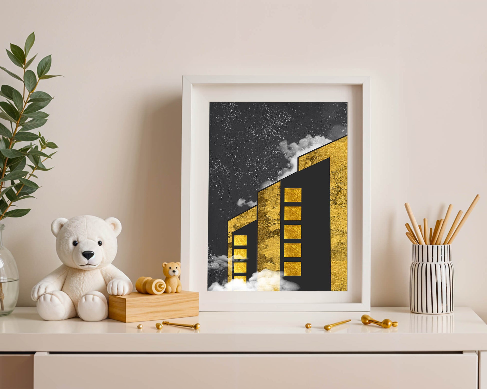 Artistic architectural illustration with golden elements and night sky
