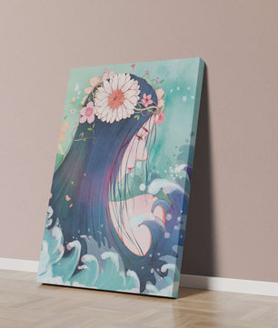 Illustration of a serene woman with floral crown and ocean waves