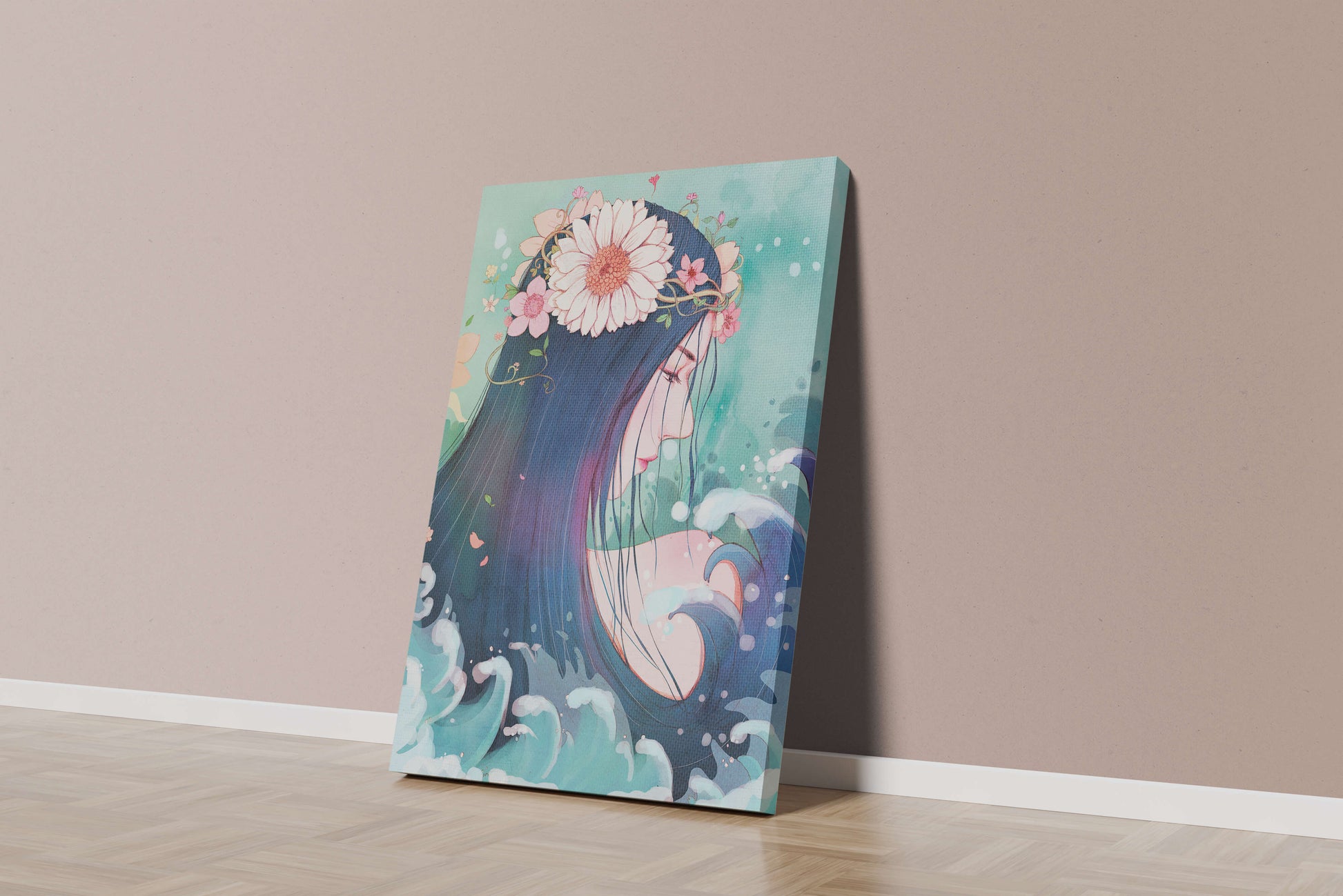 Illustration of a serene woman with floral crown and ocean waves