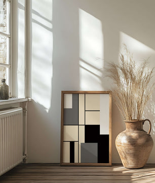 Abstraktes geometrisches Design mit gedämpften Farbtönen und kräftigen Linien