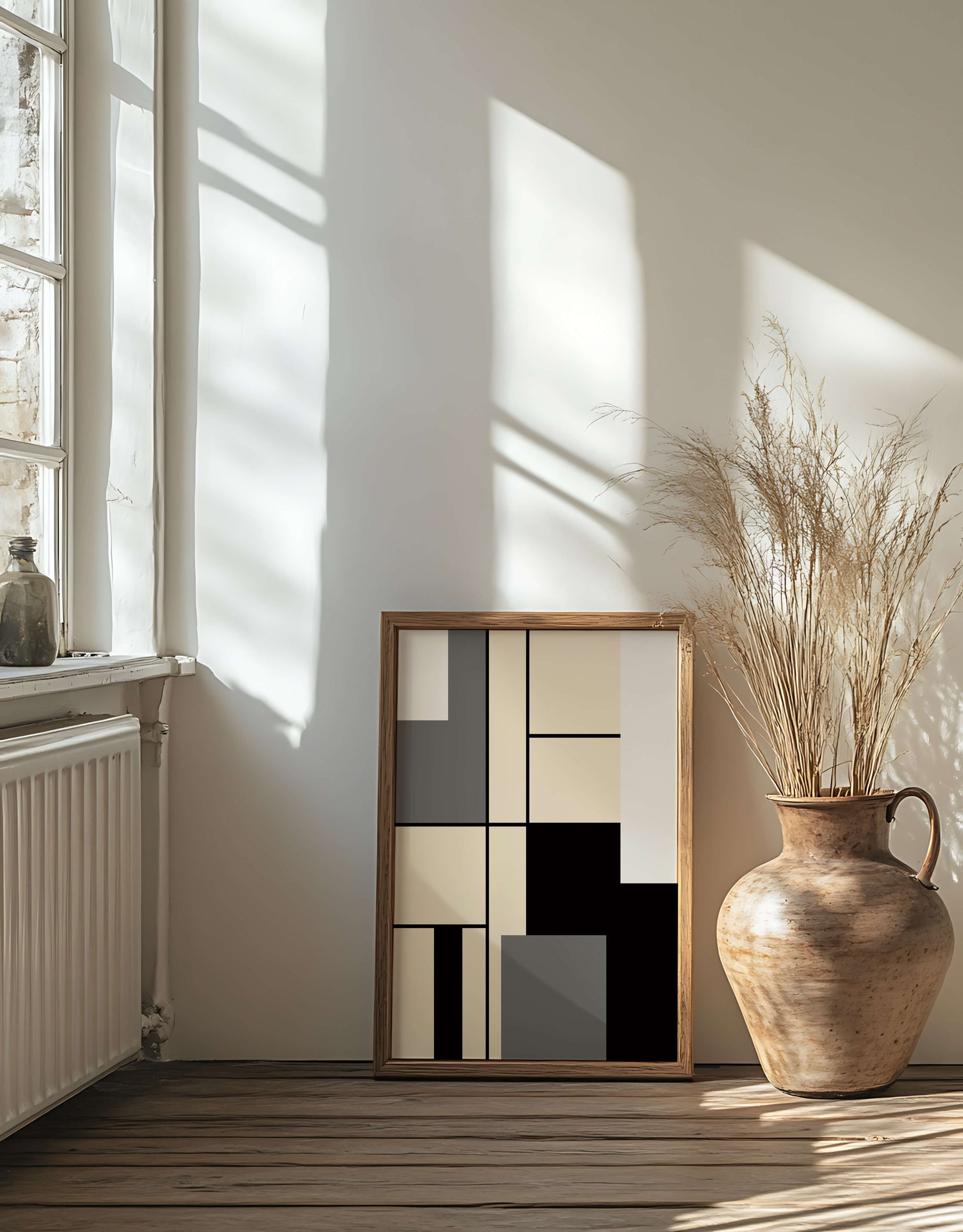 Abstract geometric design with muted shades and bold lines