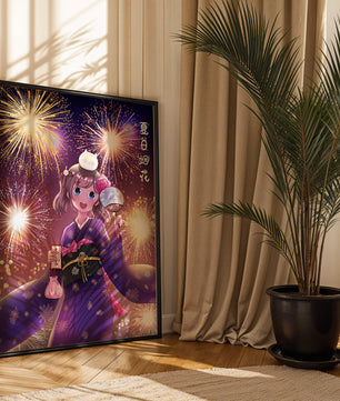 Girl in Yukata Celebrating Fireworks Festival with Cat and Fan