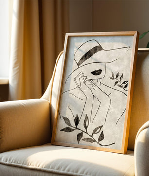 Abstract Woman in Hat with Minimalist Leaf Design