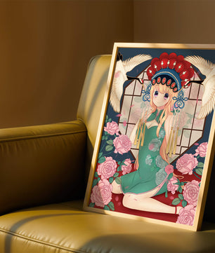 Chica anime elegante con atuendo tradicional y detalles florales y de grulla