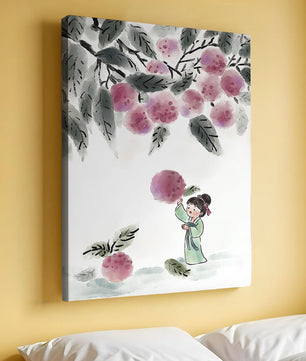 Ilustración encantadora de un niño con ropa tradicional, bayas vibrantes y hojas exuberantes