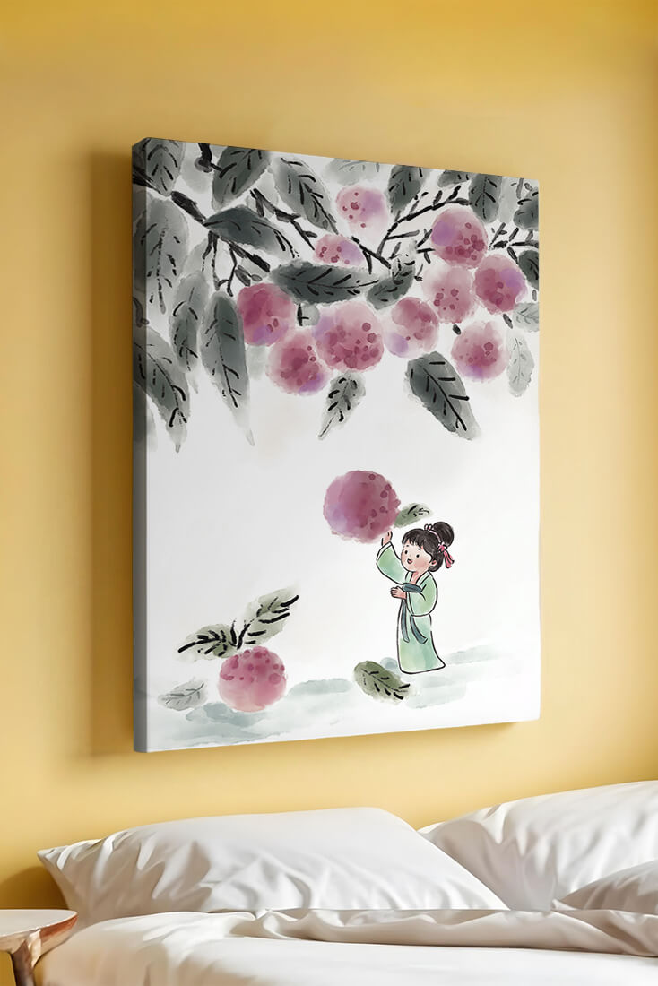 Ilustración encantadora de un niño con ropa tradicional, bayas vibrantes y hojas exuberantes