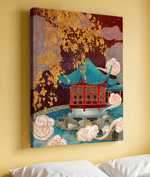 Traditional Chinese Pavilion with Gold Leaves and Clouds