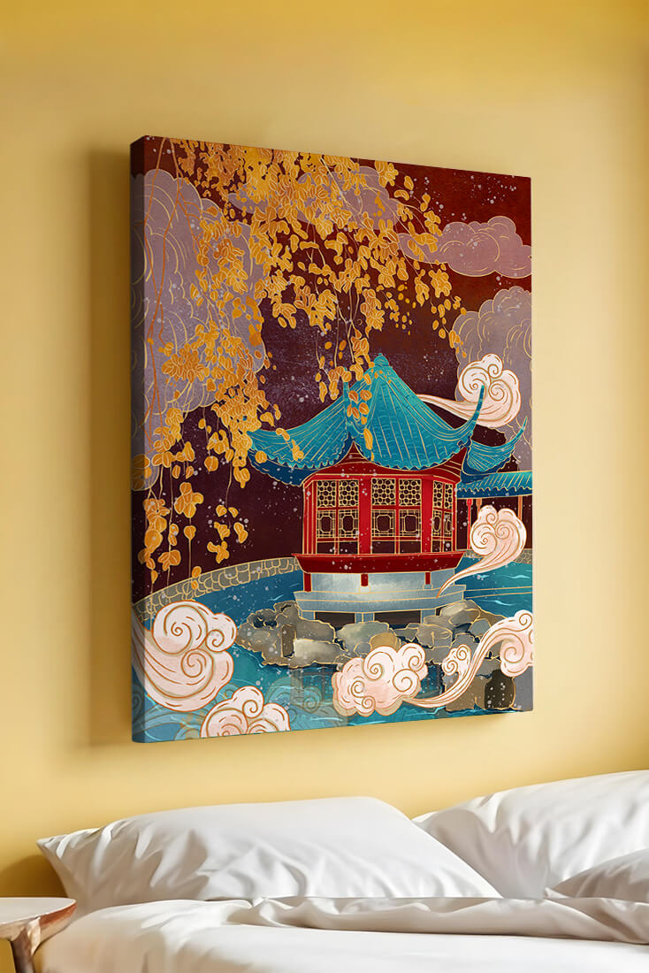 Pabellón chino tradicional con hojas doradas y nubes