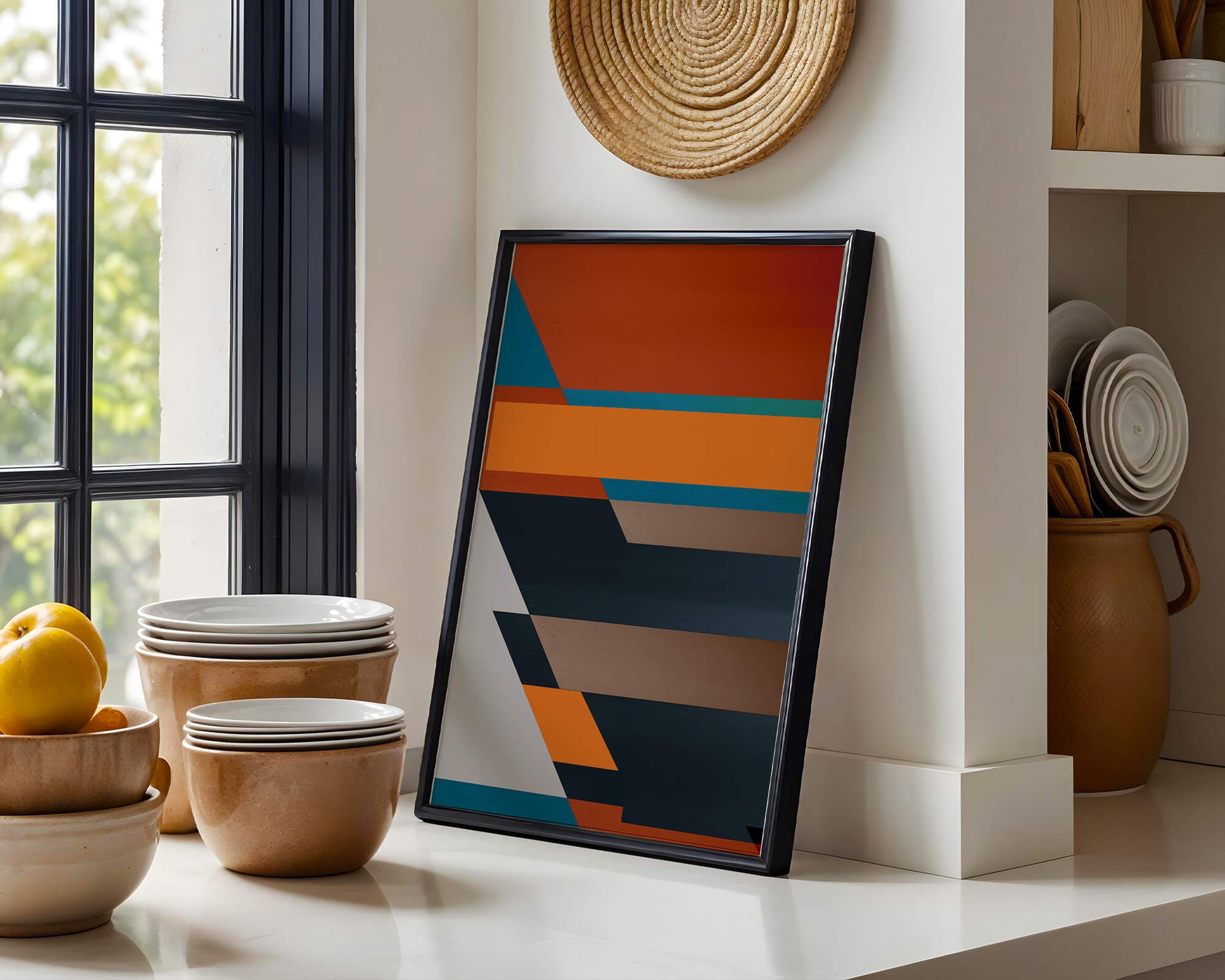 Arte abstracto geométrico con colores llamativos y formas dinámicas