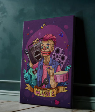 Illustration colorée sur le thème de la musique avec un personnage et des instruments