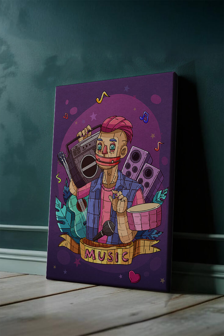 Illustration colorée sur le thème de la musique avec un personnage et des instruments