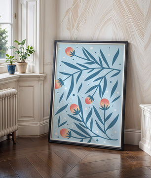 Abstract botanical pattern with colorful flowers and leaves on light blue background