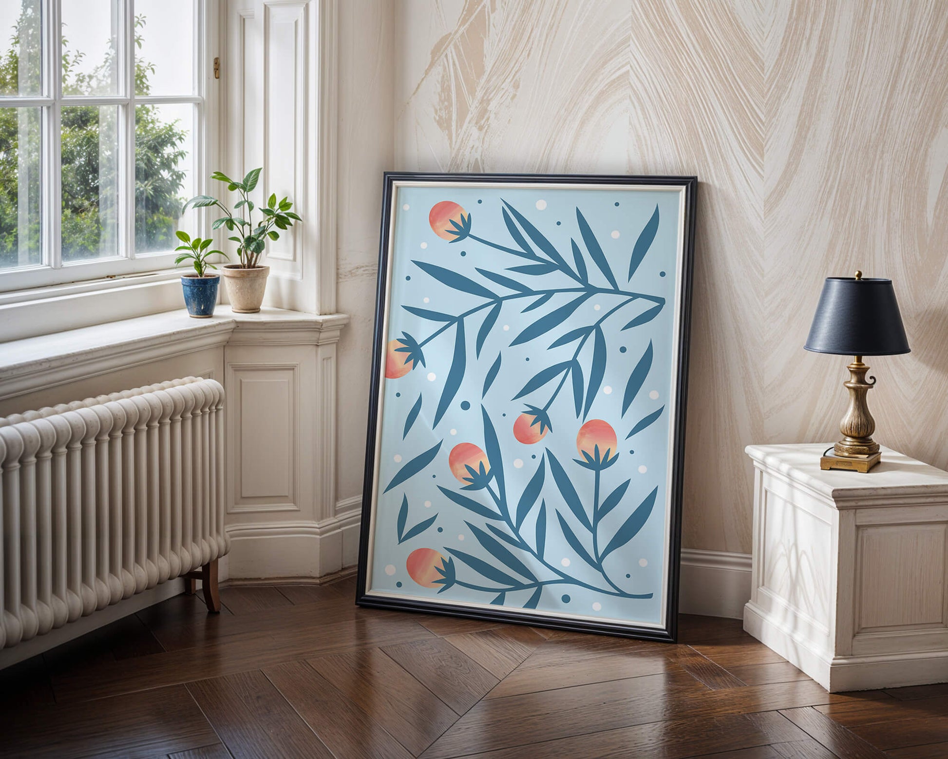 Abstract botanical pattern with colorful flowers and leaves on light blue background