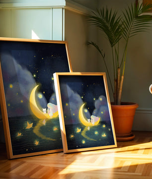 Whimsical night scene with child and cat on crescent moon