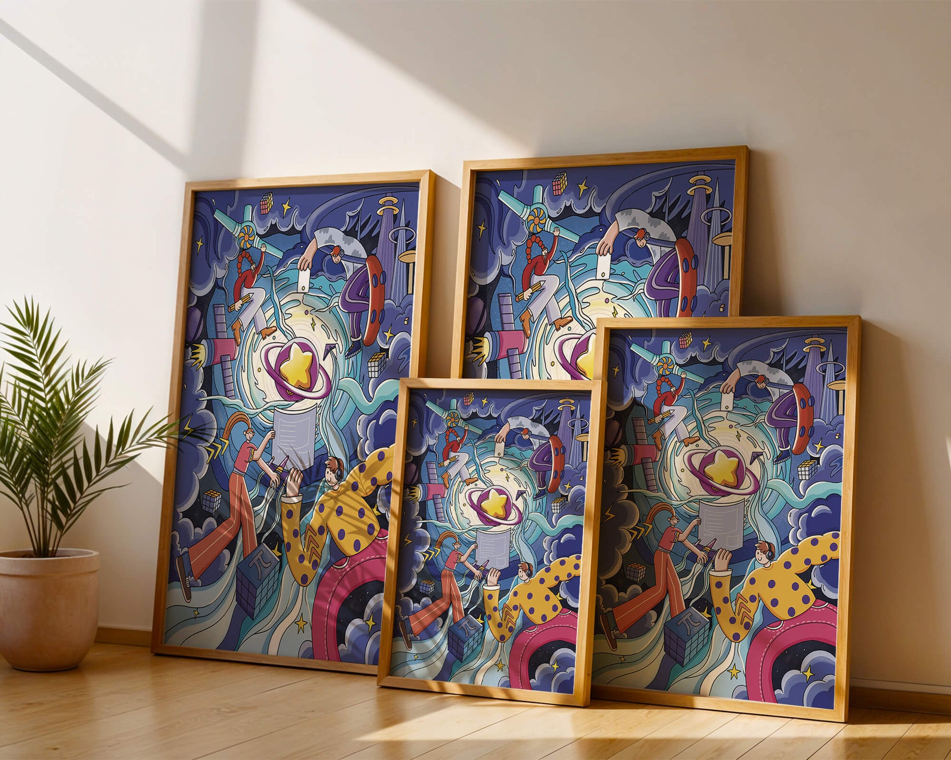 Colorful Cosmic Exploration with Animated Characters and Geometric Shapes