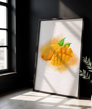 Watercolor depiction of a ripe mango with leaves on textured background