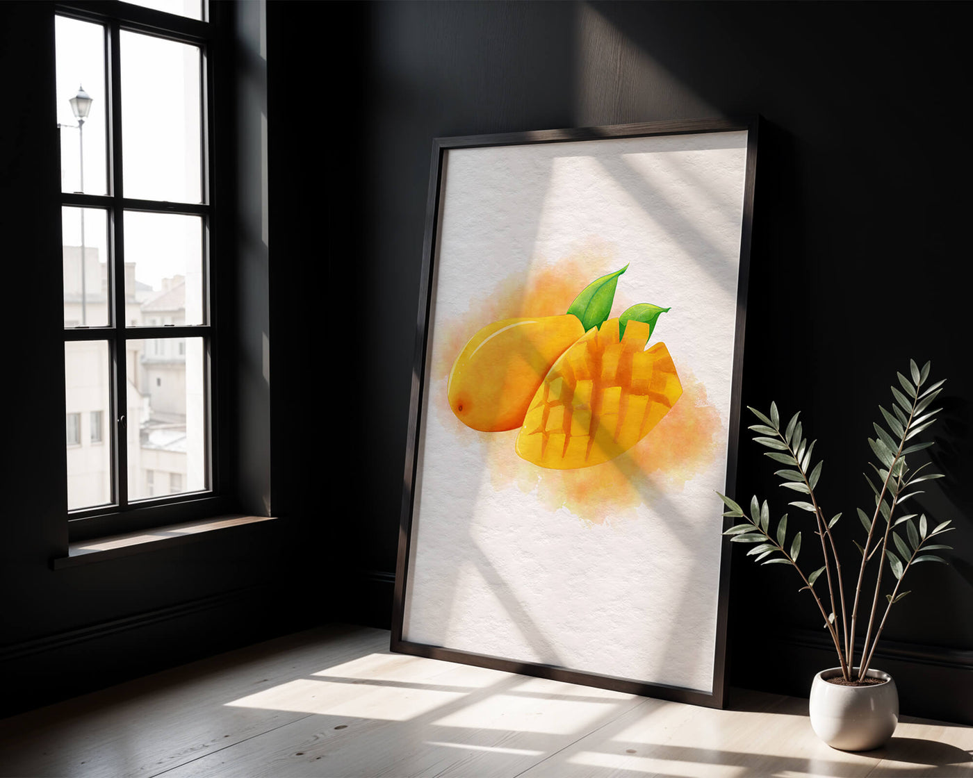 Watercolor depiction of a ripe mango with leaves on textured background