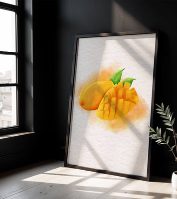 Watercolor depiction of a ripe mango with leaves on textured background