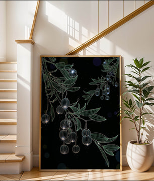 Elegante botanische Illustration mit leuchtenden Früchten und Blättern