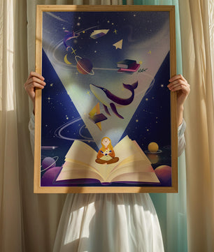 Imaginative galaxy scene with books and a child