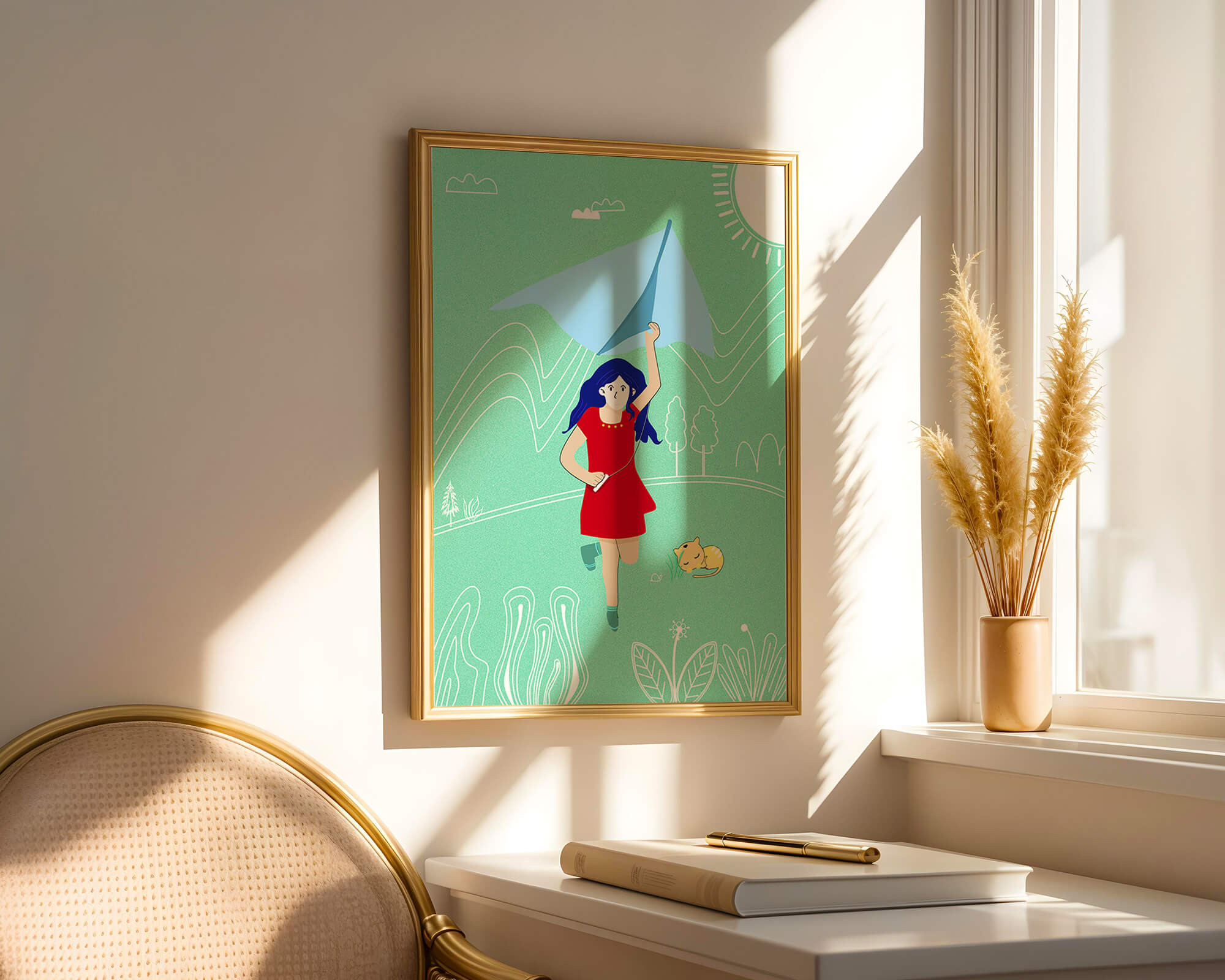 Illustration of a girl with a kite in a whimsical landscape
