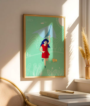 Illustration d'une fille avec un cerf-volant dans un paysage fantaisiste