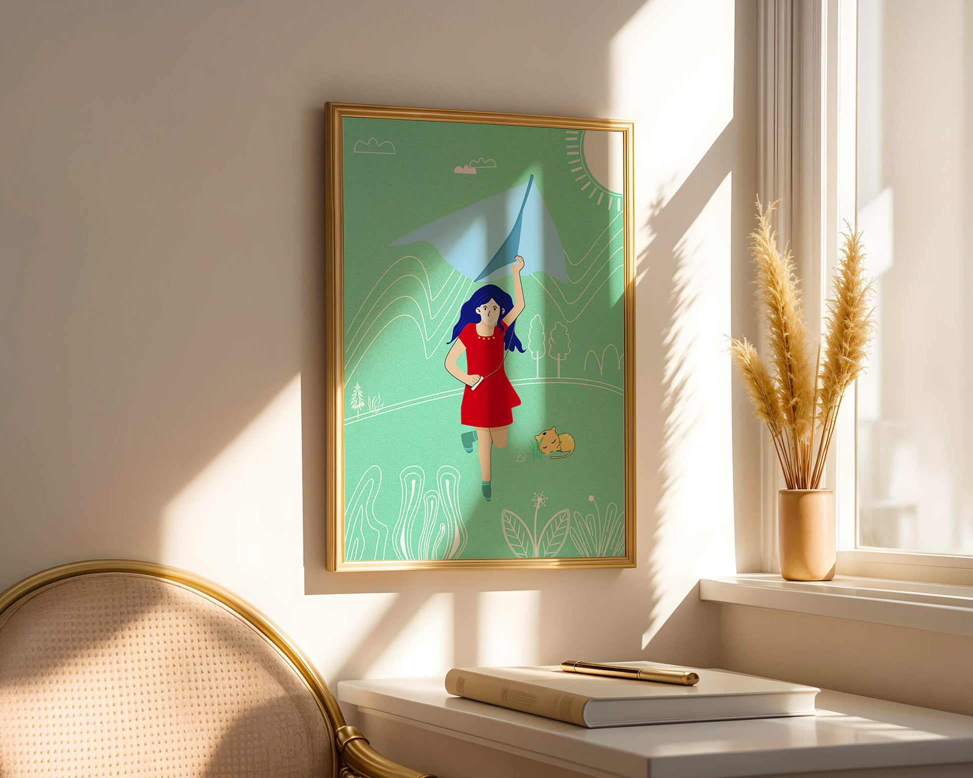 Illustration of a girl with a kite in a whimsical landscape