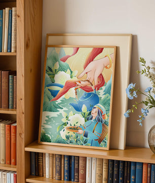 Escena ilustrativa de la cultura del té con montañas y elementos florales