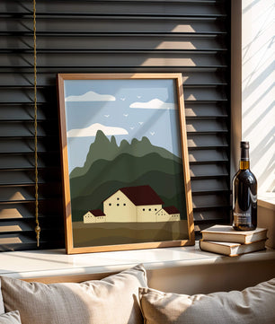 Paisaje minimalista de montaña con casas y pájaros en el cielo