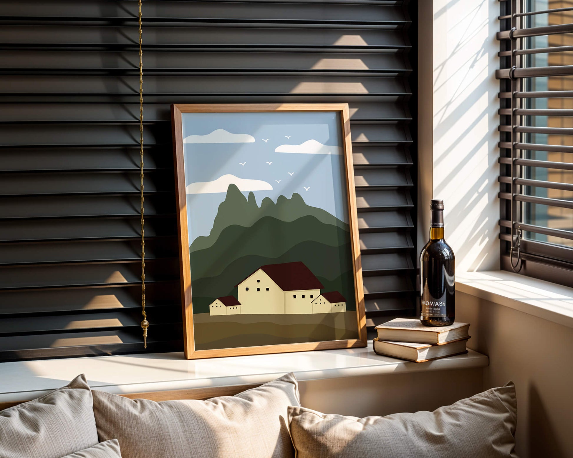 Paisaje minimalista de montaña con casas y pájaros en el cielo