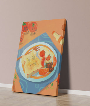 Whimsical Breakfast with Animated Tomatoes and Toast on a Bright Plate