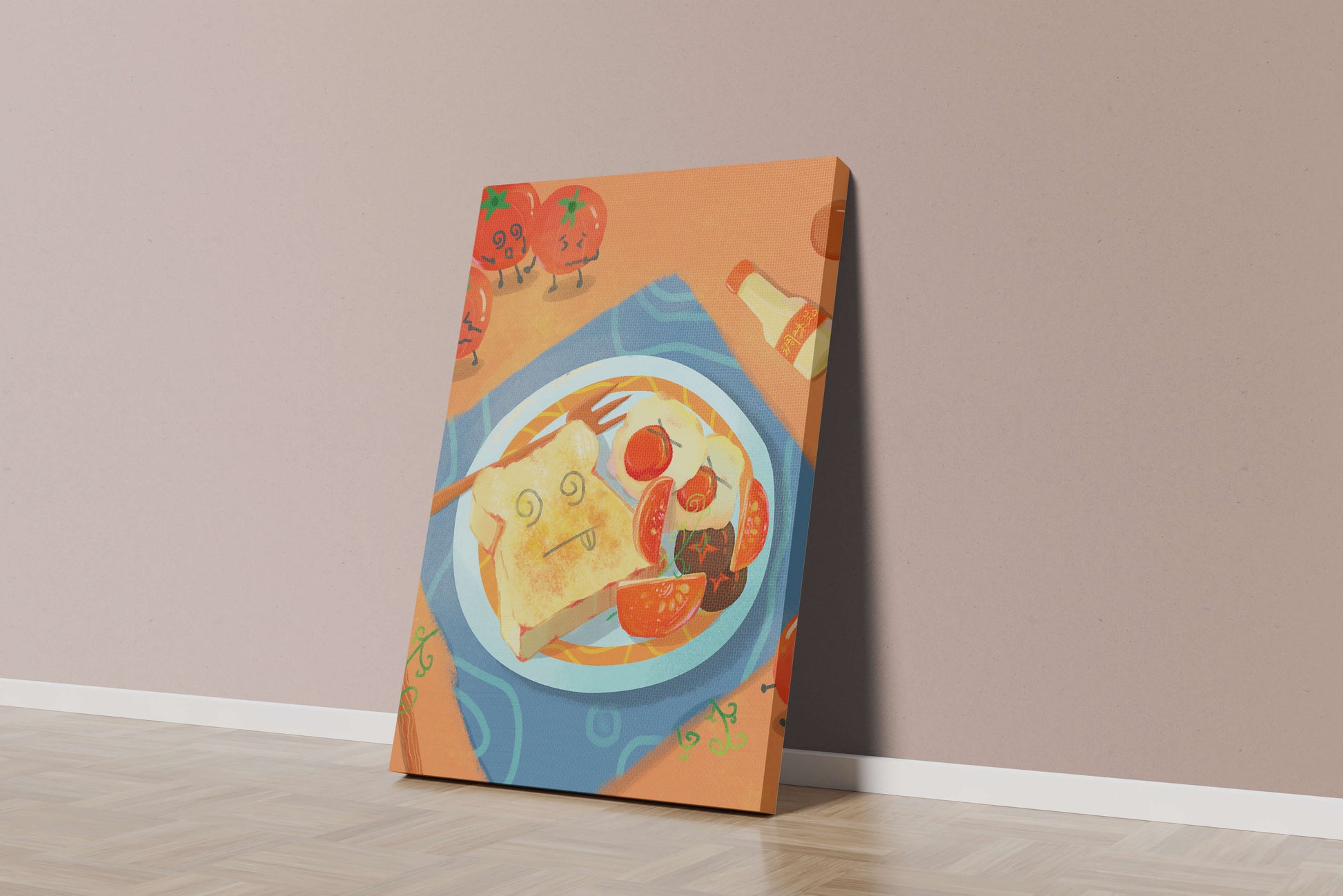 Desayuno caprichoso con tomates animados y tostadas en un plato brillante