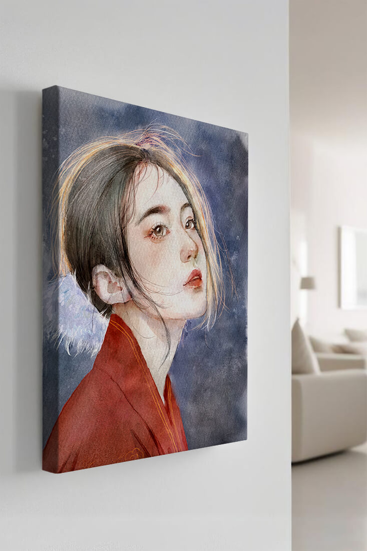 Watercolor portrait of a woman in a red garment with expressive features