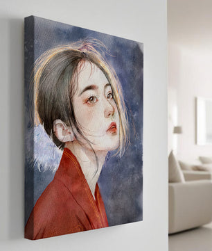 Watercolor portrait of a woman in a red garment with expressive features