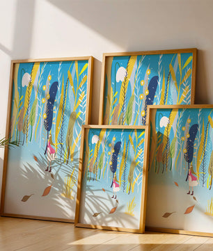 Whimsical scene with girl in colorful abstract forest