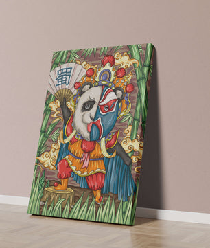 Colorful panda dressed in traditional Chinese opera costume surrounded by bamboo