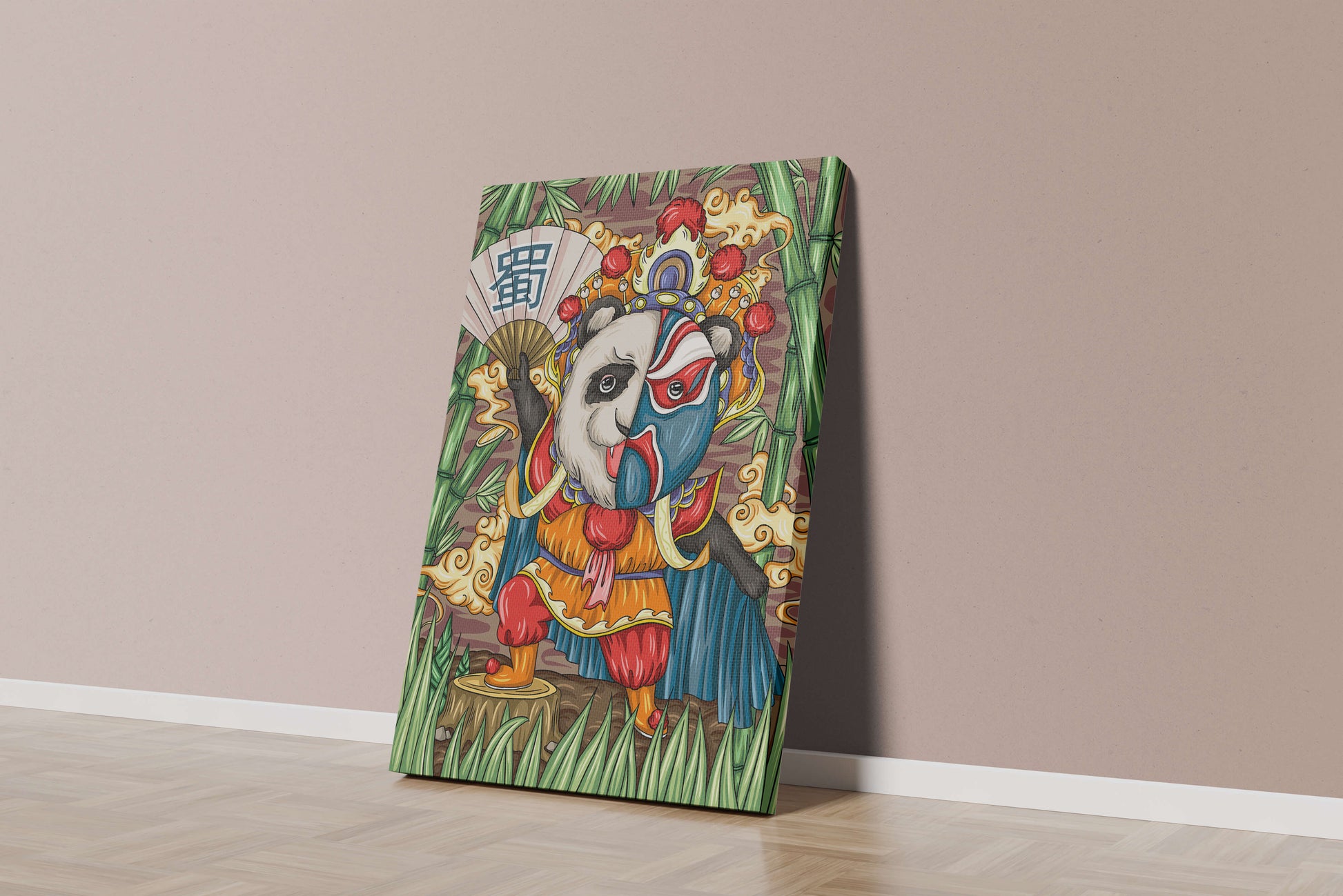 Colorful panda dressed in traditional Chinese opera costume surrounded by bamboo